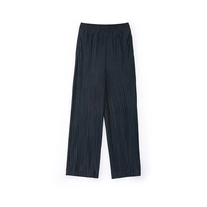 Grey Striped Folds Straight Leg Pants