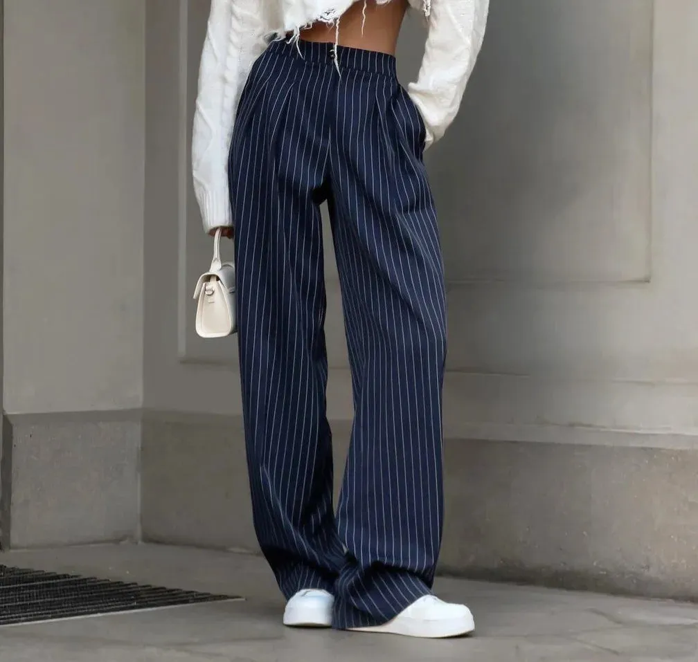 High Waisted Straight Leg Wide Leg Navy Striped Fashionable Casual Pants