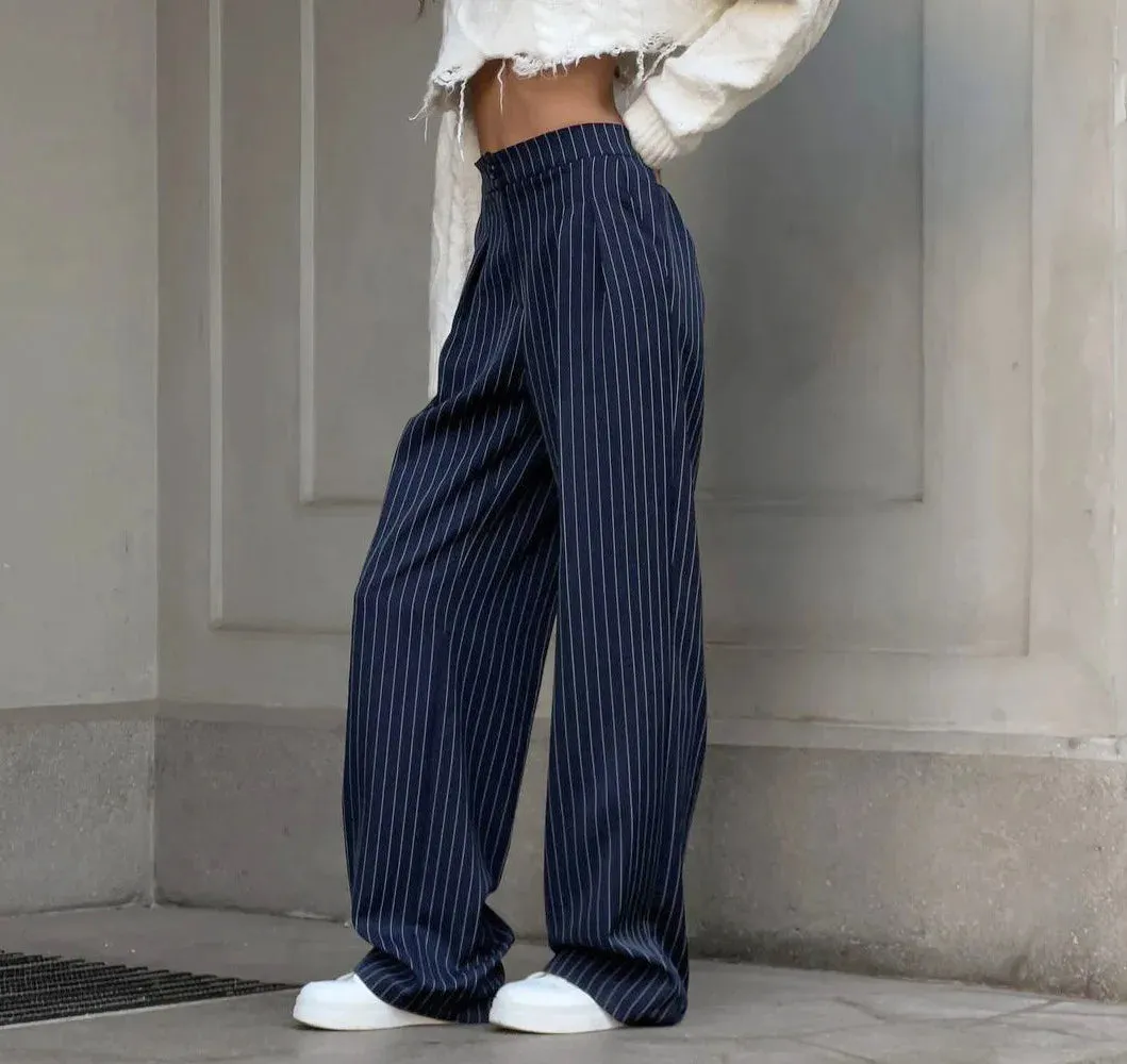 High Waisted Straight Leg Wide Leg Navy Striped Fashionable Casual Pants