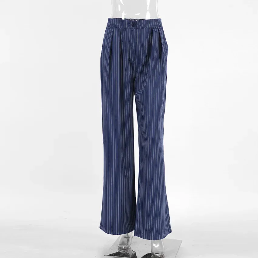 High Waisted Straight Leg Wide Leg Navy Striped Fashionable Casual Pants