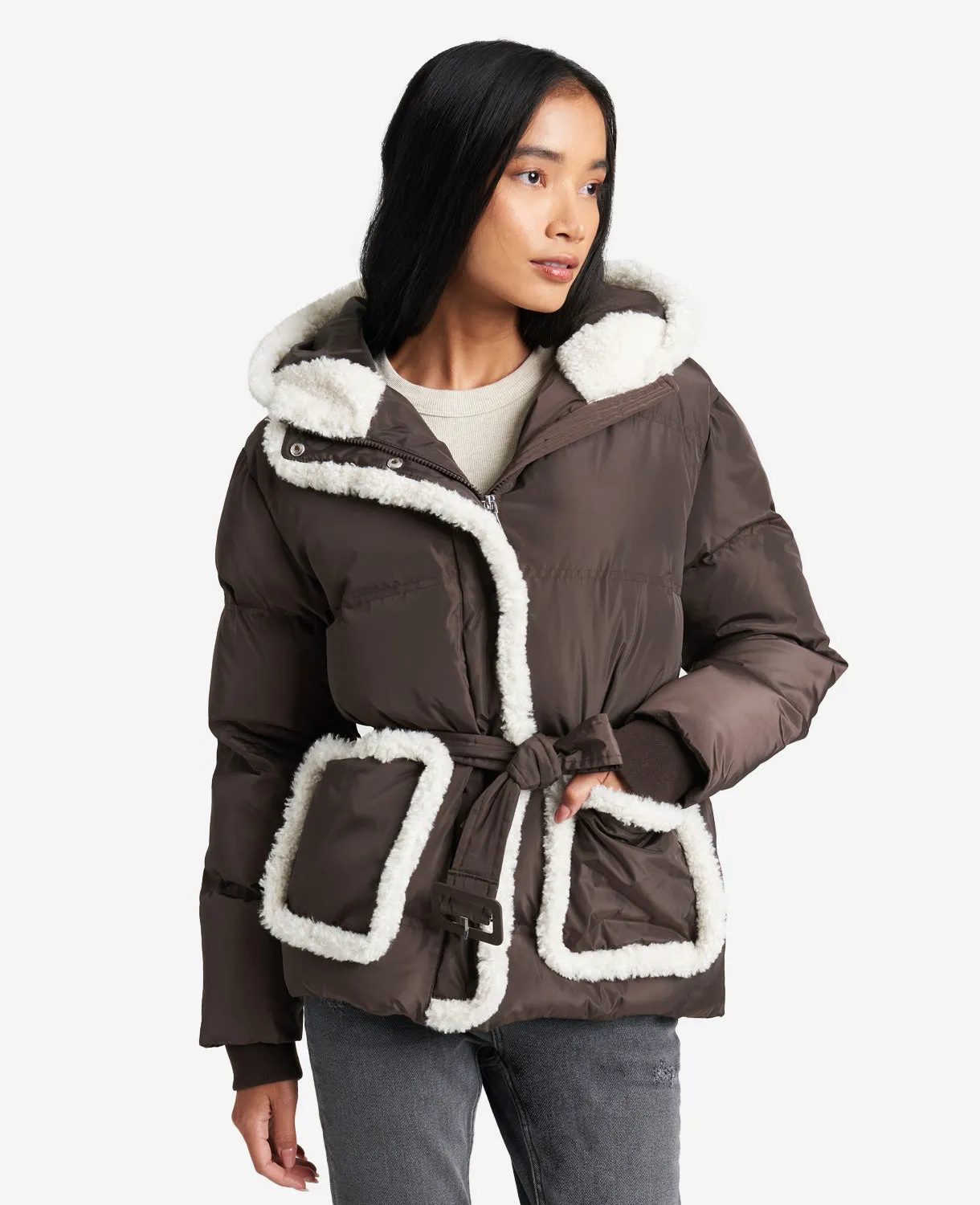 Hooded Puffer Jacket with Sherpa-Trim