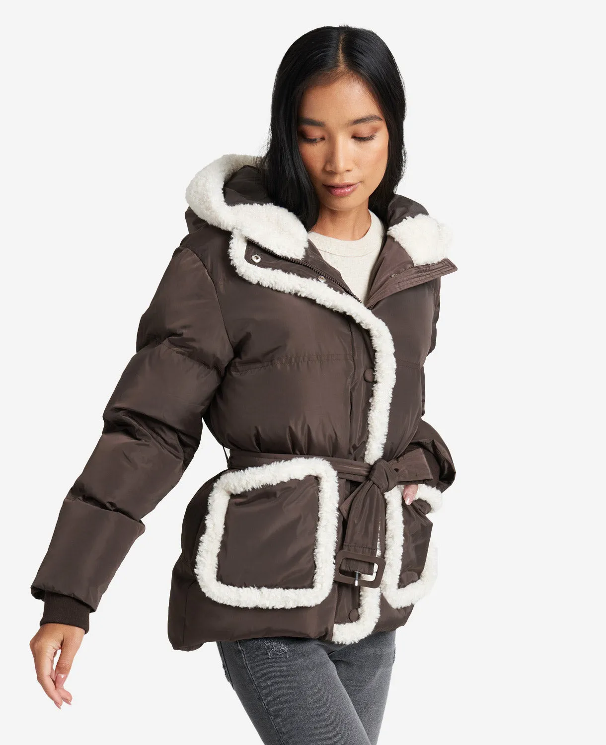 Hooded Puffer Jacket with Sherpa-Trim