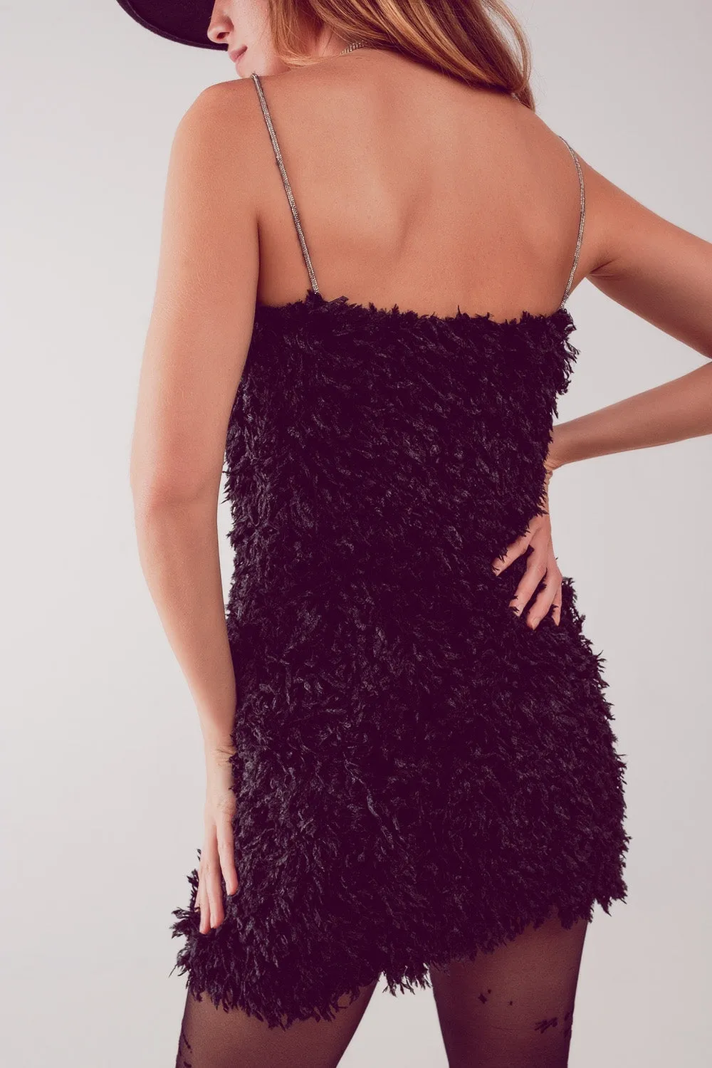 Hot Girl All Over Faux Feather Sleeveless Mini Dress In Black