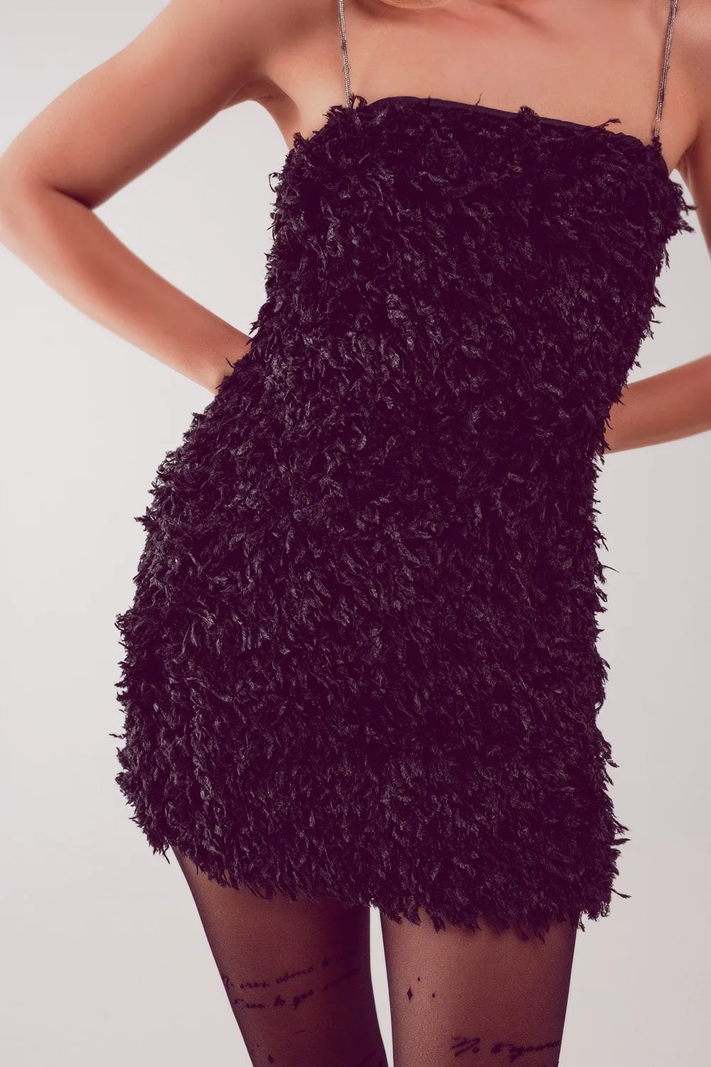 Hot Girl All Over Faux Feather Sleeveless Mini Dress In Black