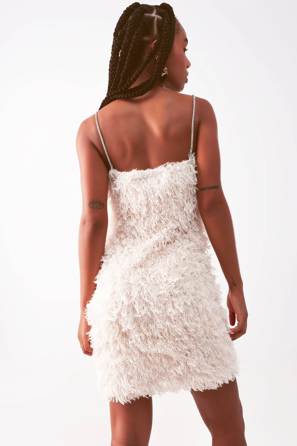 Hot Girl All Over Faux Feather Sleeveless Mini Dress in Cream