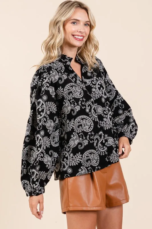 Hot Girl GeeGee Paisley Eyelet Laced Button-Up Long Sleeve Blouse