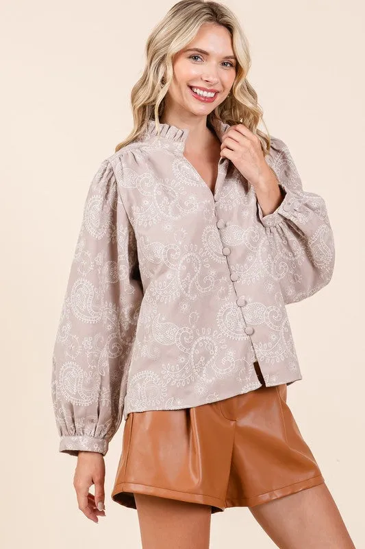 Hot Girl GeeGee Paisley Eyelet Laced Button-Up Long Sleeve Blouse