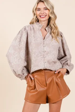 Hot Girl GeeGee Paisley Eyelet Laced Button-Up Long Sleeve Blouse