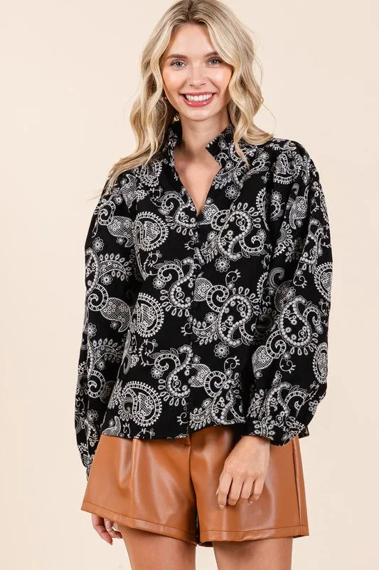 Hot Girl GeeGee Paisley Eyelet Laced Button-Up Long Sleeve Blouse