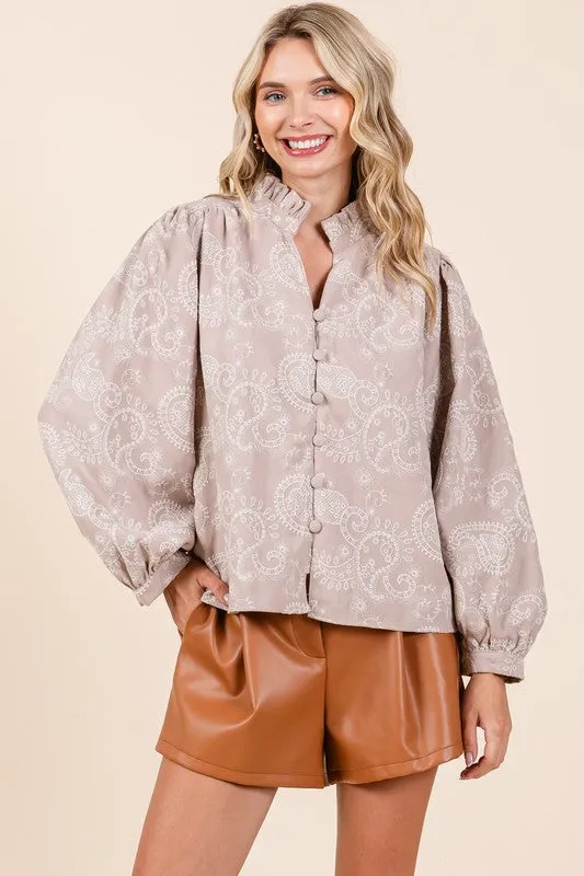 Hot Girl GeeGee Paisley Eyelet Laced Button-Up Long Sleeve Blouse