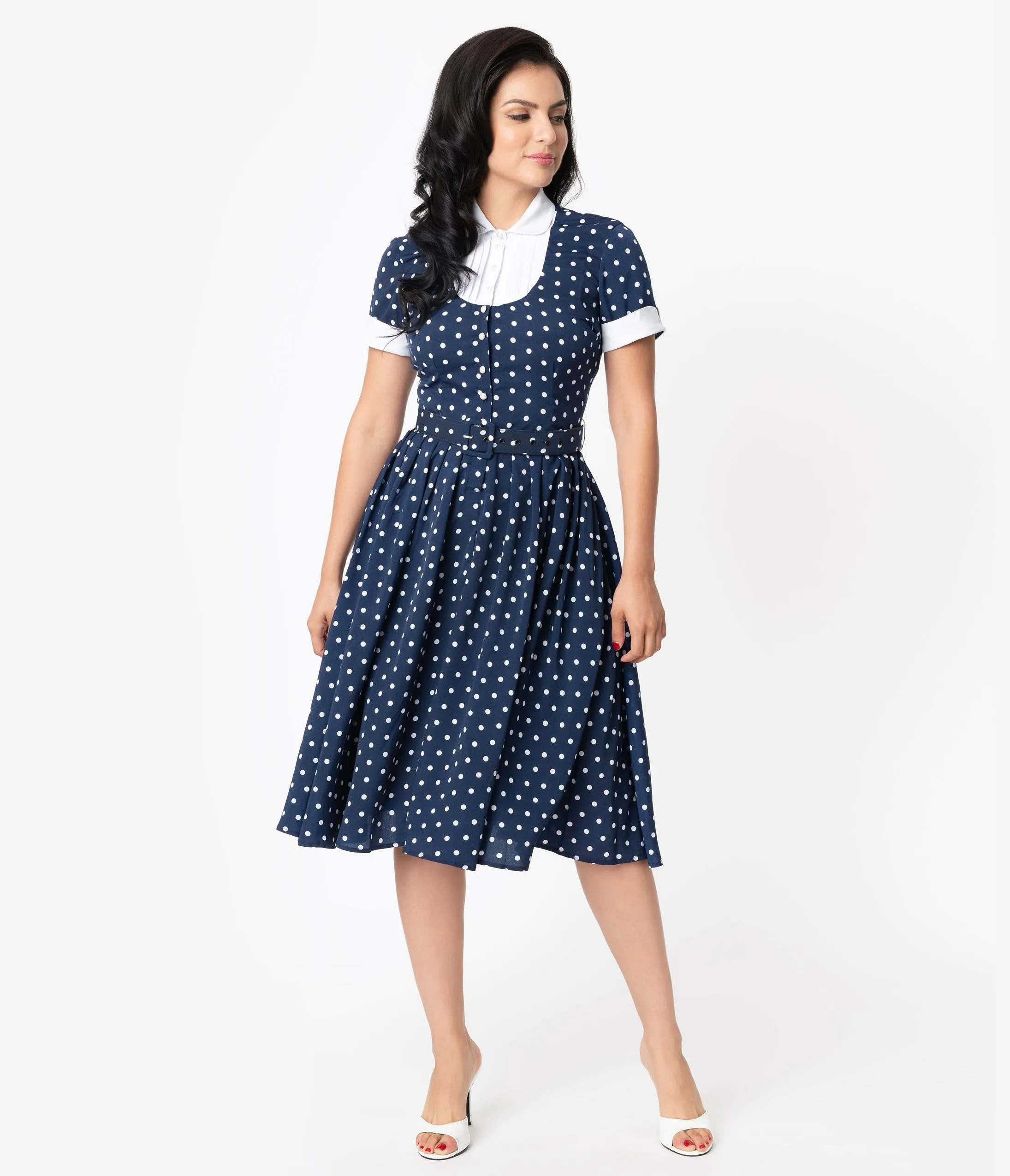 I Love Lucy x Unique Vintage Navy & White Polka Dot Ricardo Swing Dress