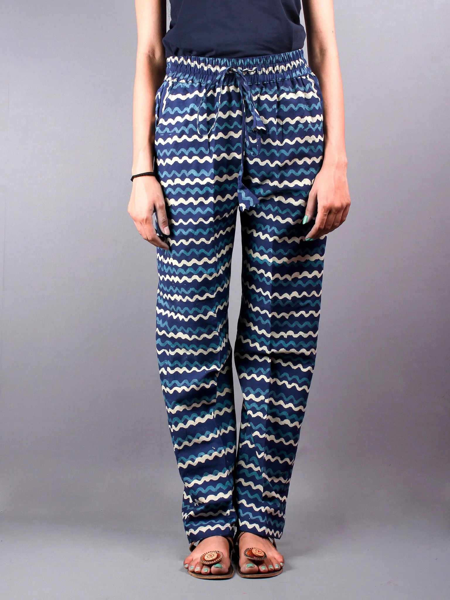 Indigo Hand Block Printed Elasticated Waist Trousers- T0317027