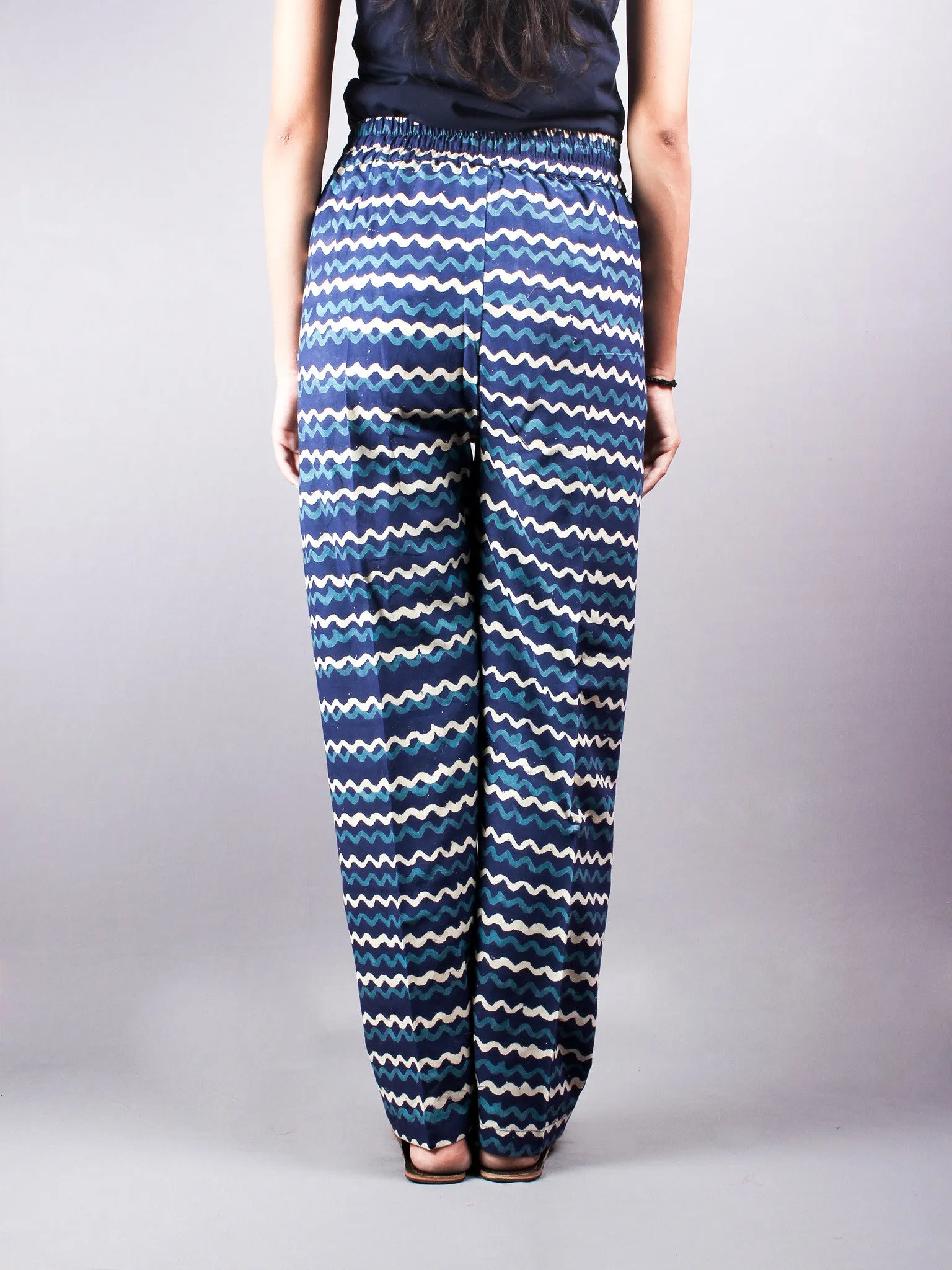 Indigo Hand Block Printed Elasticated Waist Trousers- T0317027