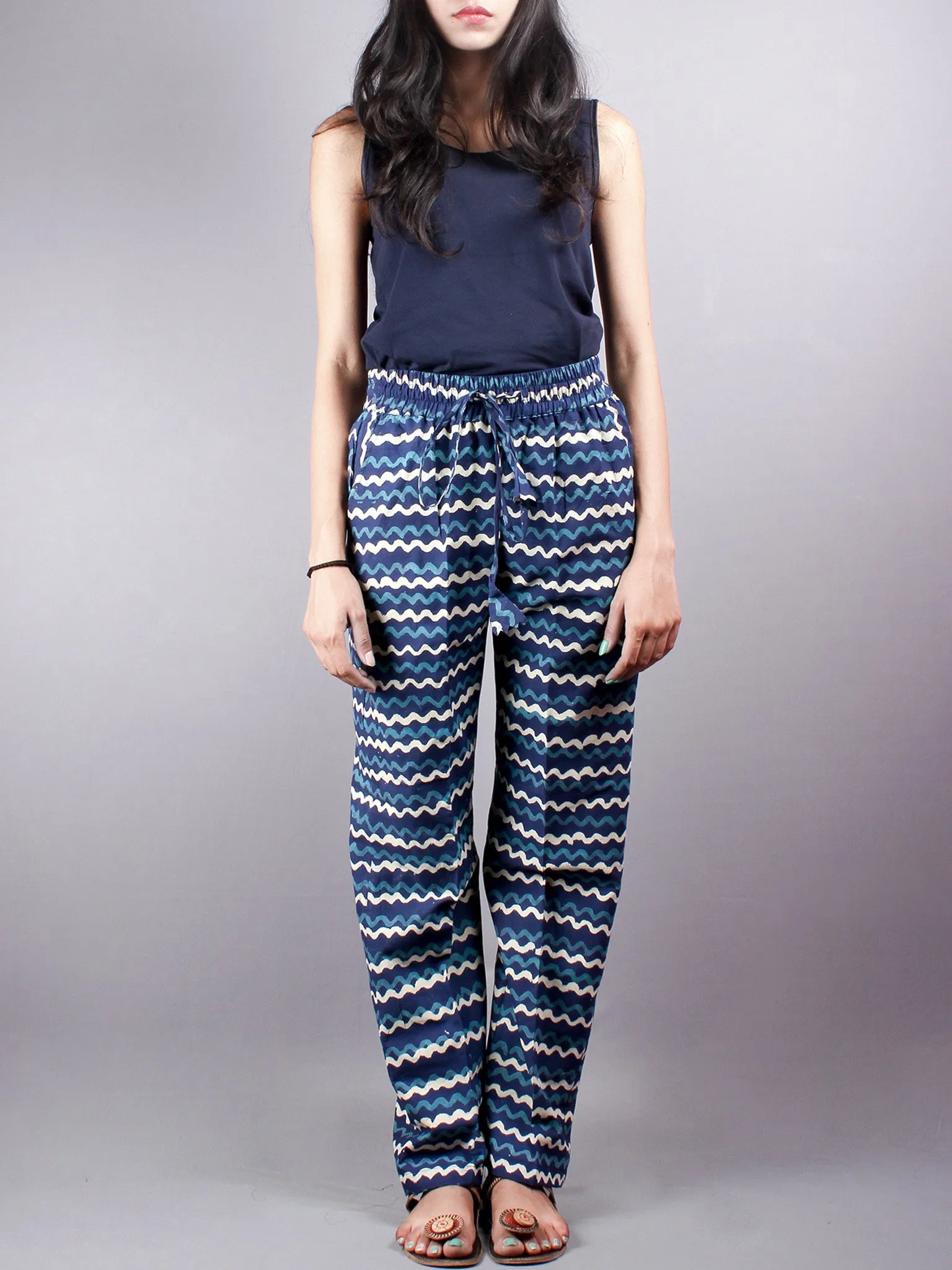 Indigo Hand Block Printed Elasticated Waist Trousers- T0317027