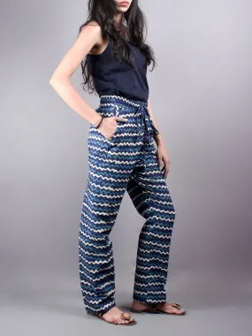 Indigo Hand Block Printed Elasticated Waist Trousers- T0317027