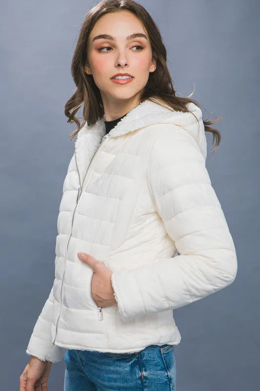 Ivory Reversible Faux Sherpa Fleece Puffer Hooded Jacket