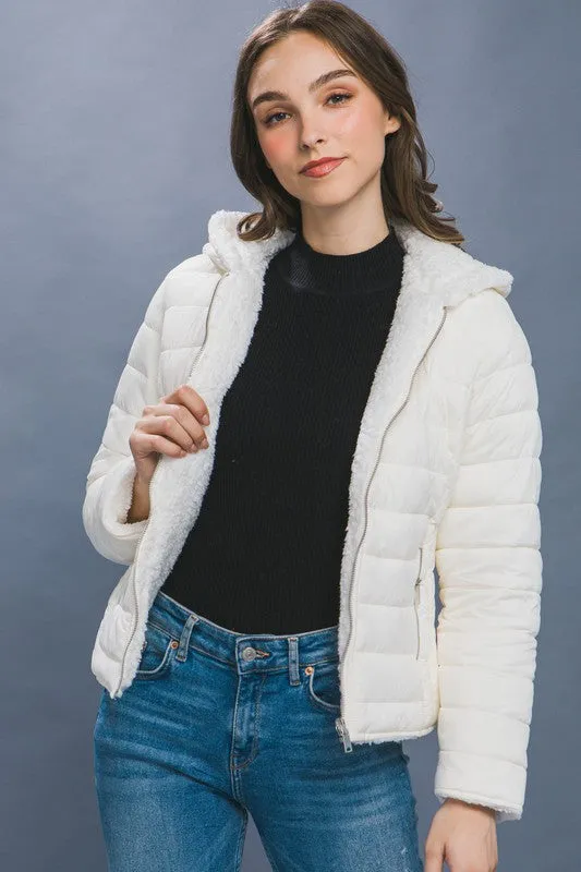 Ivory Reversible Faux Sherpa Fleece Puffer Hooded Jacket