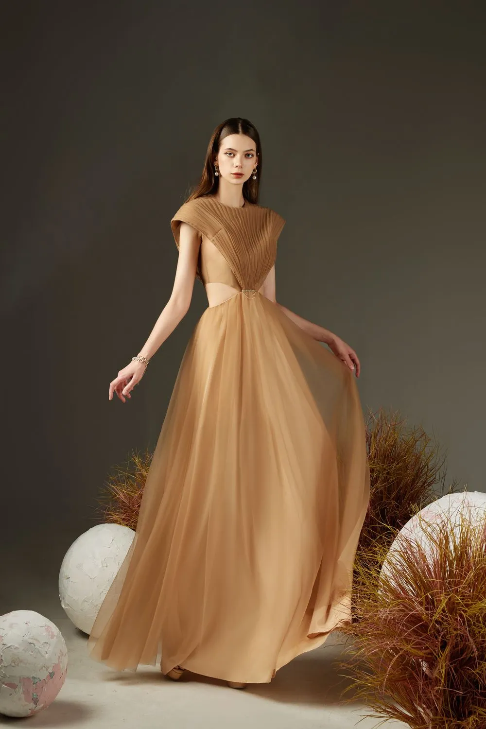 Jensen Pleated Cut-Out Organza Maxi Dress