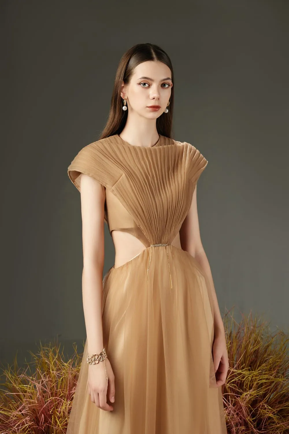 Jensen Pleated Cut-Out Organza Maxi Dress