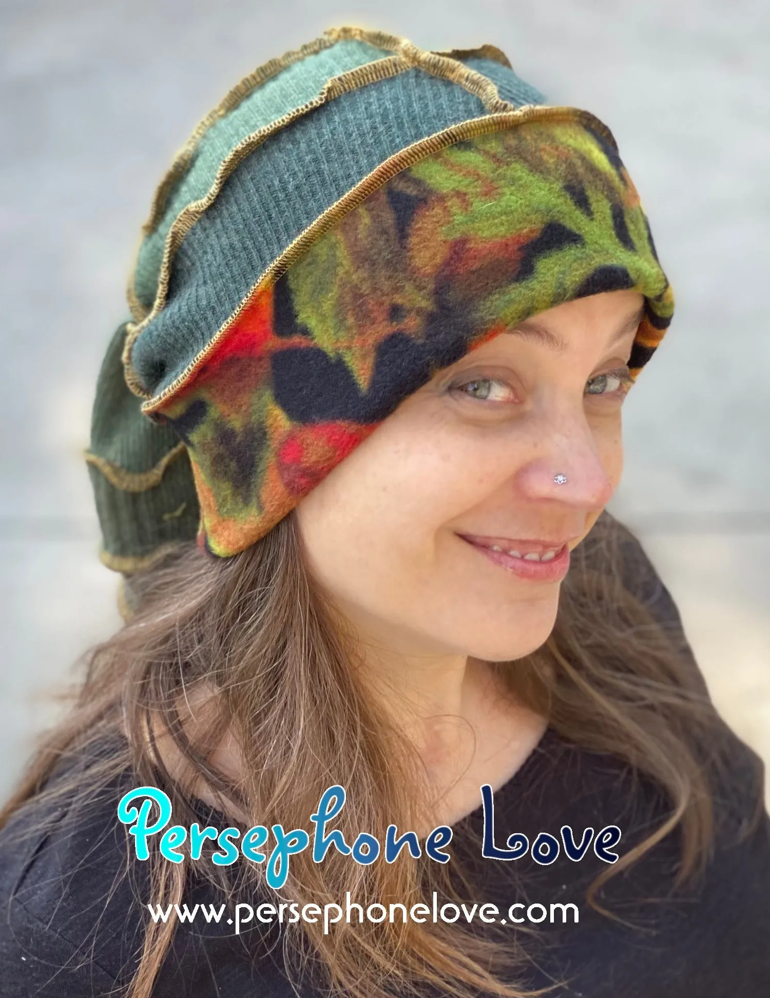 Katwise inspired green 100% cashmere/fleece patchwork elf jester hat-1483