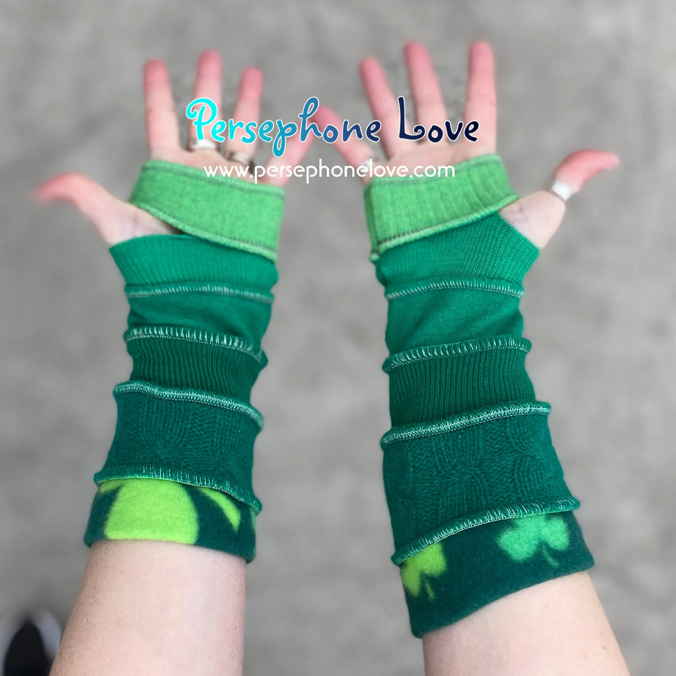 Katwise inspired needle-felted green shamrock upcycled sweater arm warmers-1372