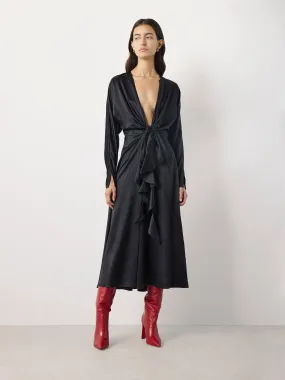 Knot Silk Dress with Ruffles in Black