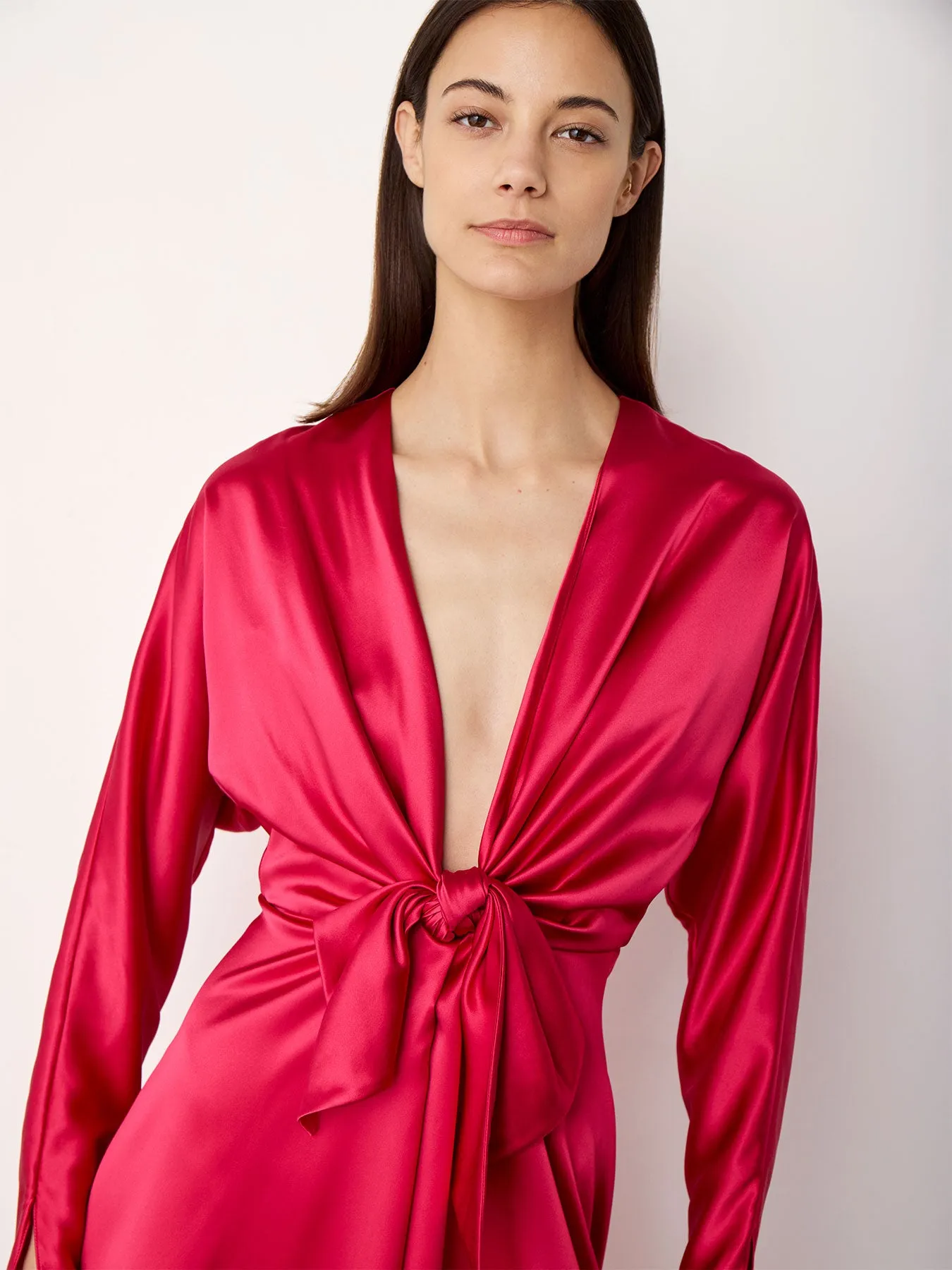 Knot Silk Dress with Ruffles In Dark Pink