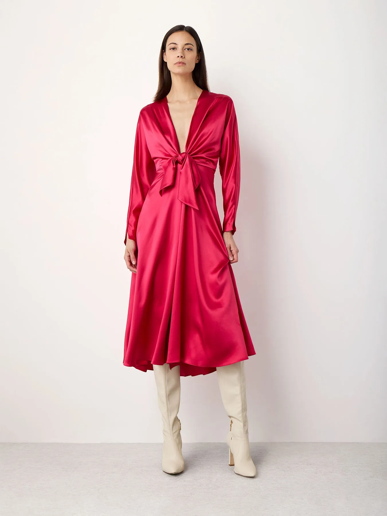 Knot Silk Dress with Ruffles In Dark Pink