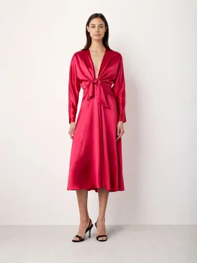 Knot Silk Dress with Ruffles In Dark Pink