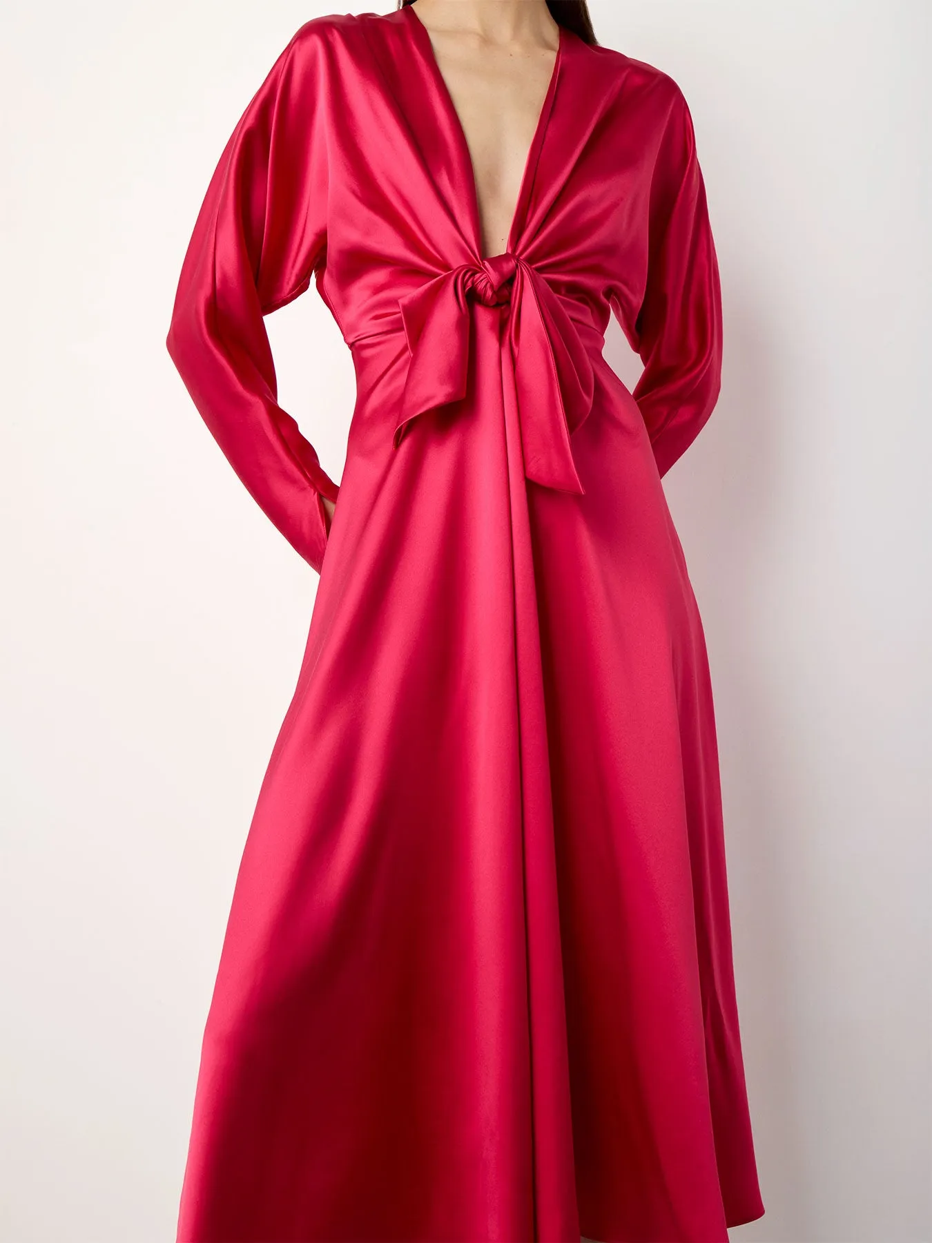 Knot Silk Dress with Ruffles In Dark Pink