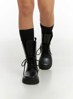 Lace-Up Faux Leather Midi Boots IS402