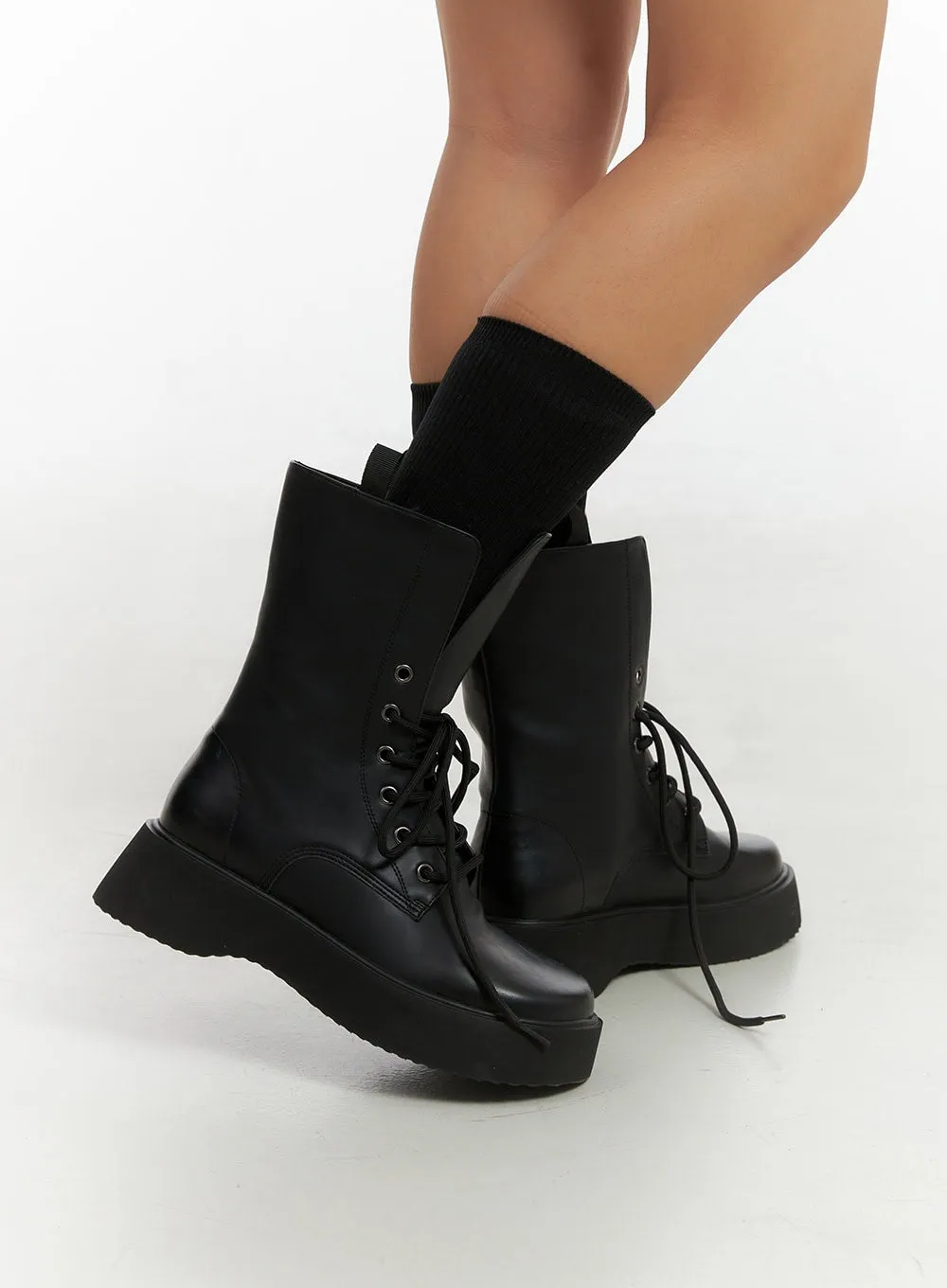 Lace-Up Faux Leather Midi Boots IS402