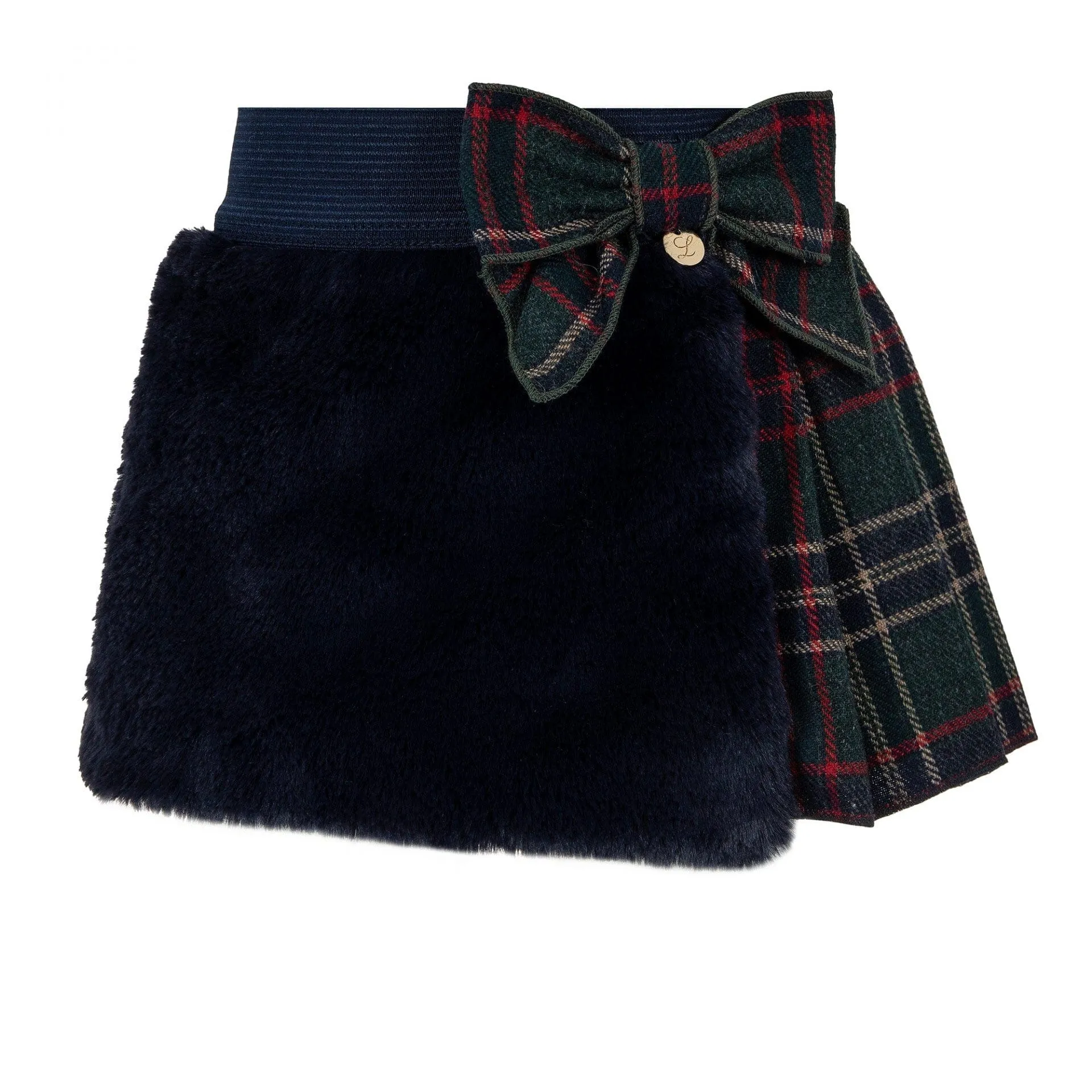 LAPIN HOUSE - Tartan Half Pleated Faux Fur Skirt Set - Blue