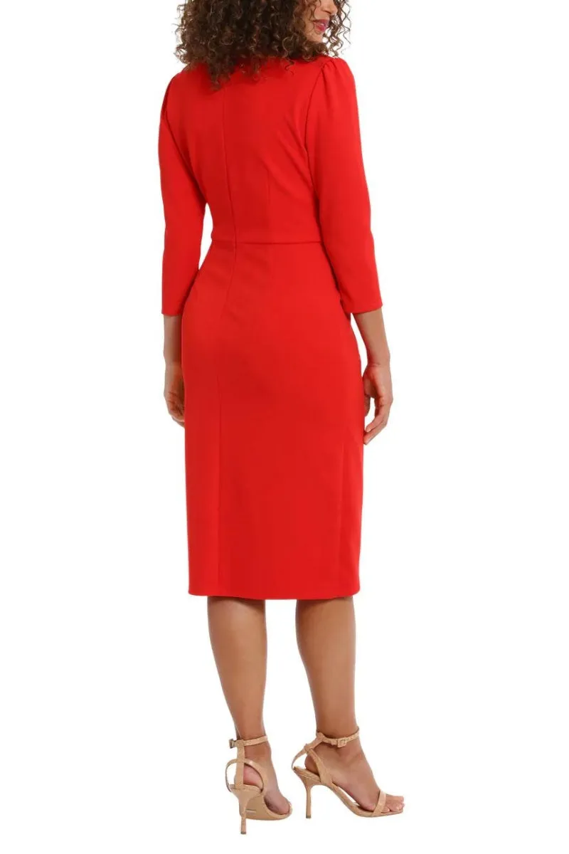 London Times Sweetheart Faux Wrap Side Ruched Midi Dress