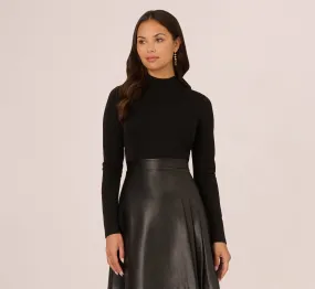 Long Sleeve Ponte Knit Dress With Faux Leather Skirt In Black