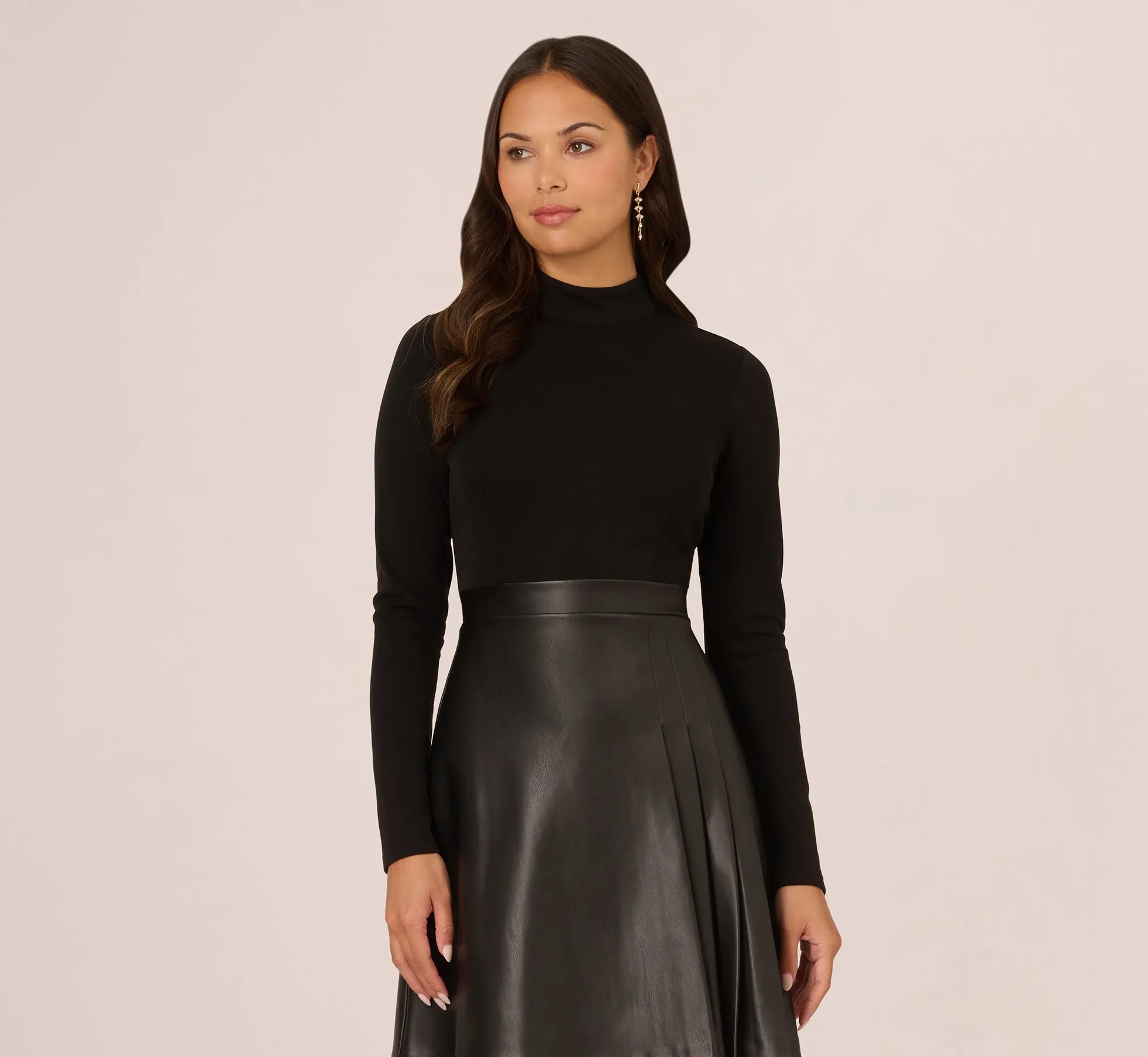 Long Sleeve Ponte Knit Dress With Faux Leather Skirt In Black