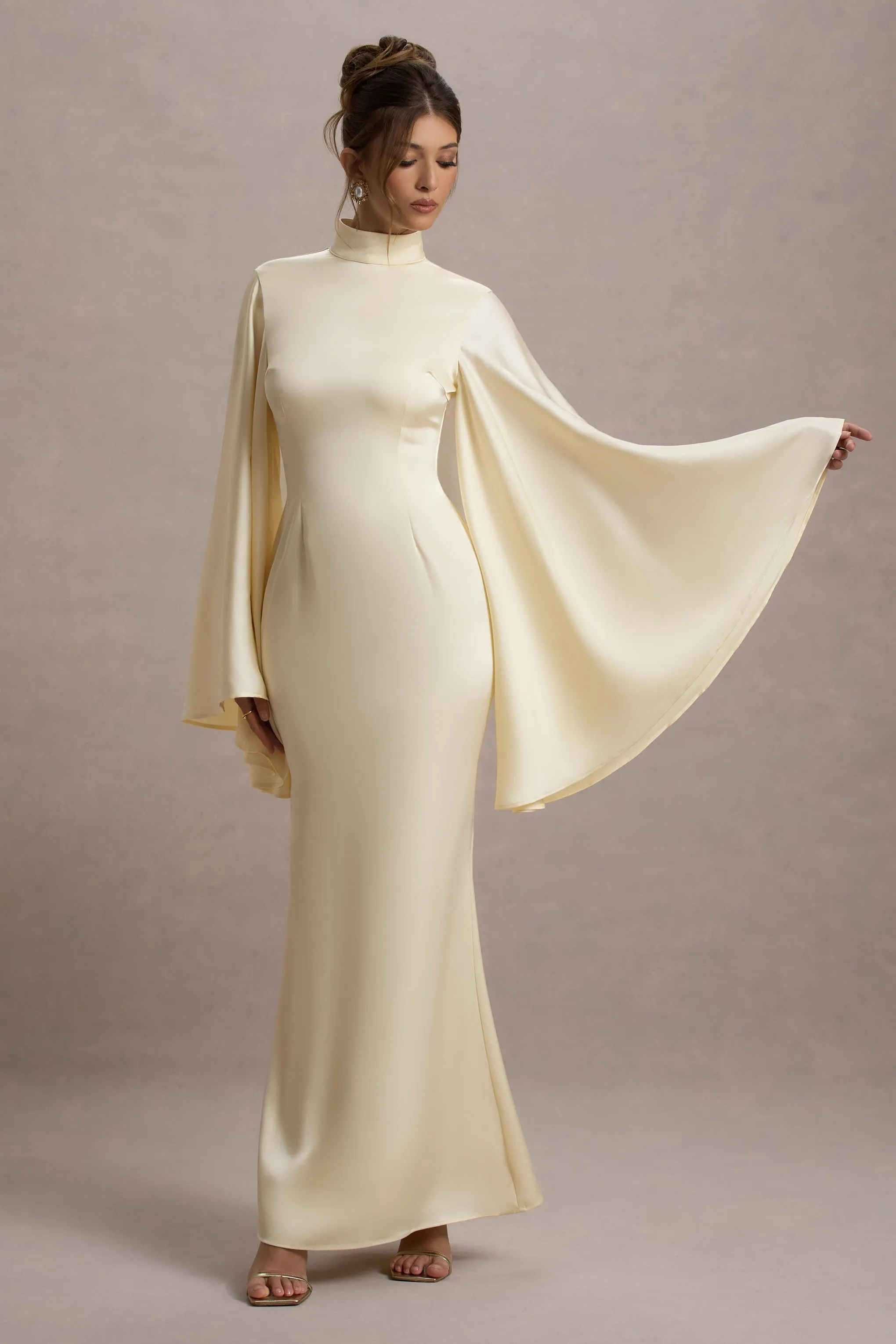 Maceline | Ecru Satin High-Neck Maxi Dress With Cape Sleeves