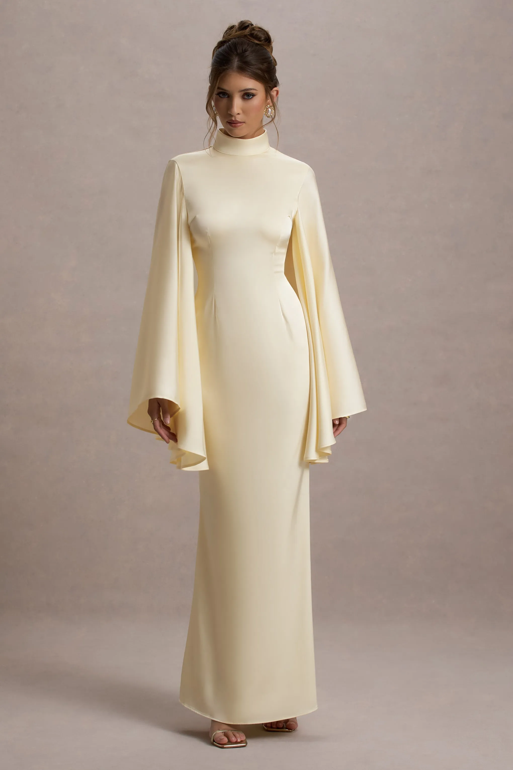 Maceline | Ecru Satin High-Neck Maxi Dress With Cape Sleeves