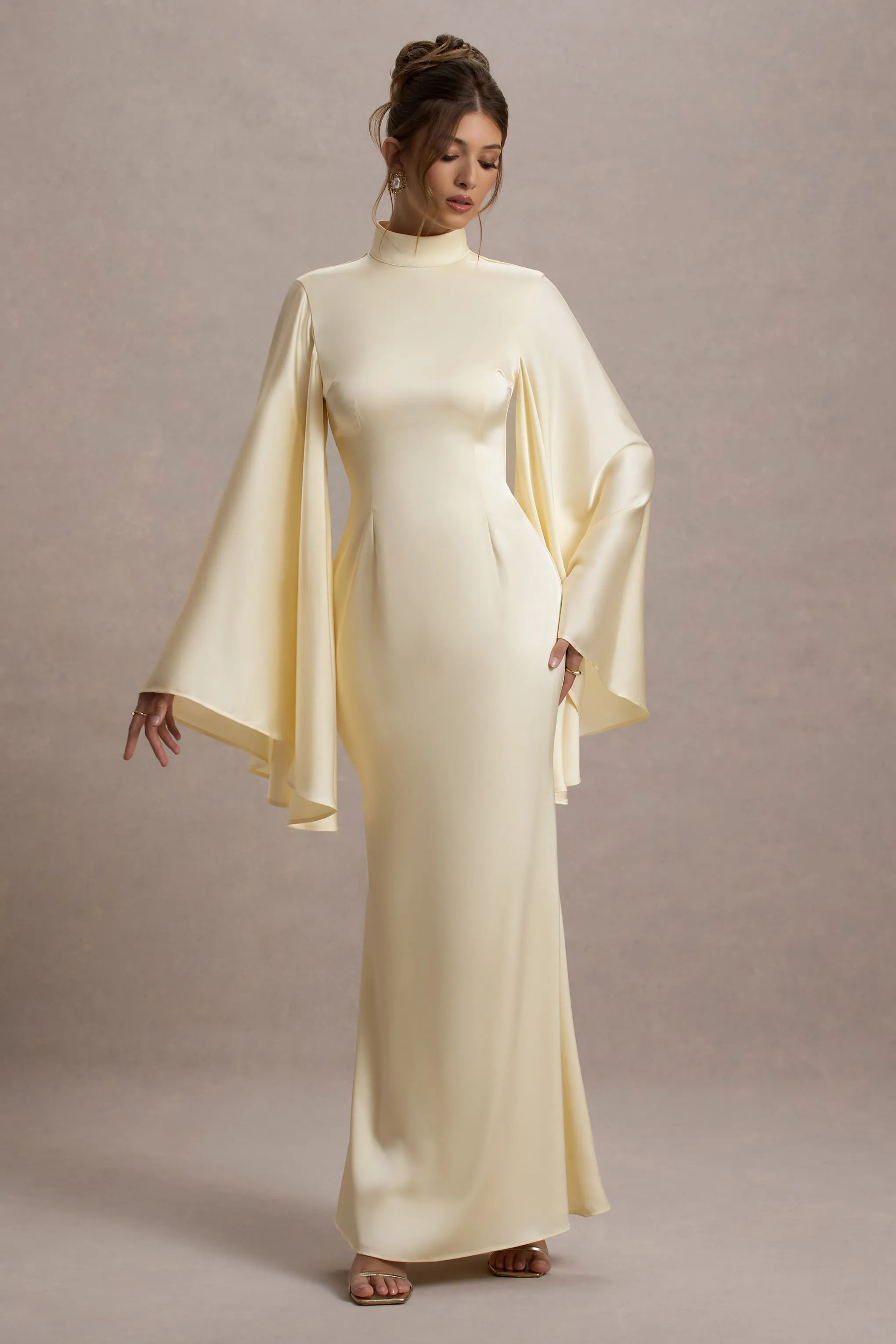 Maceline | Ecru Satin High-Neck Maxi Dress With Cape Sleeves