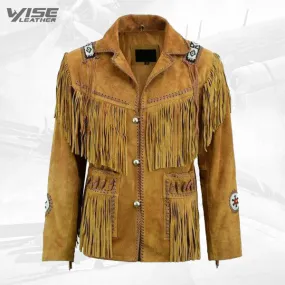 Mens Brown Classic Western Suede Leather Jacket With Beads Fringes Indians