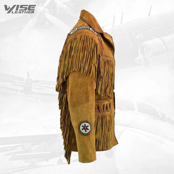 Mens Brown Classic Western Suede Leather Jacket With Beads Fringes Indians