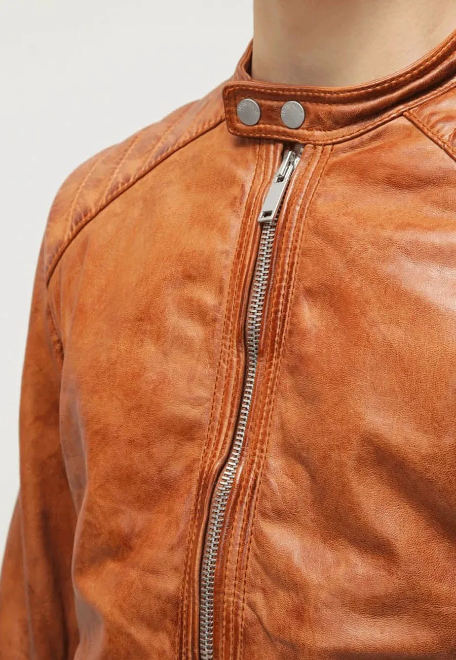 Men’s Camel Brown Leather Biker Jacket