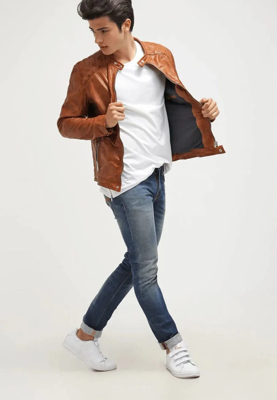 Men’s Camel Brown Leather Biker Jacket