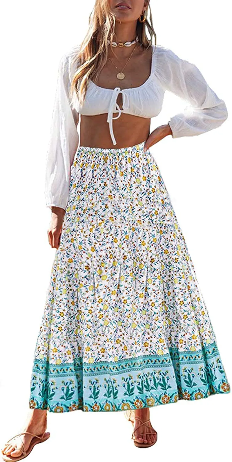 MEROKEETY Women's Boho Floral Print Elastic High Waist Pleated A Line Midi Skirt