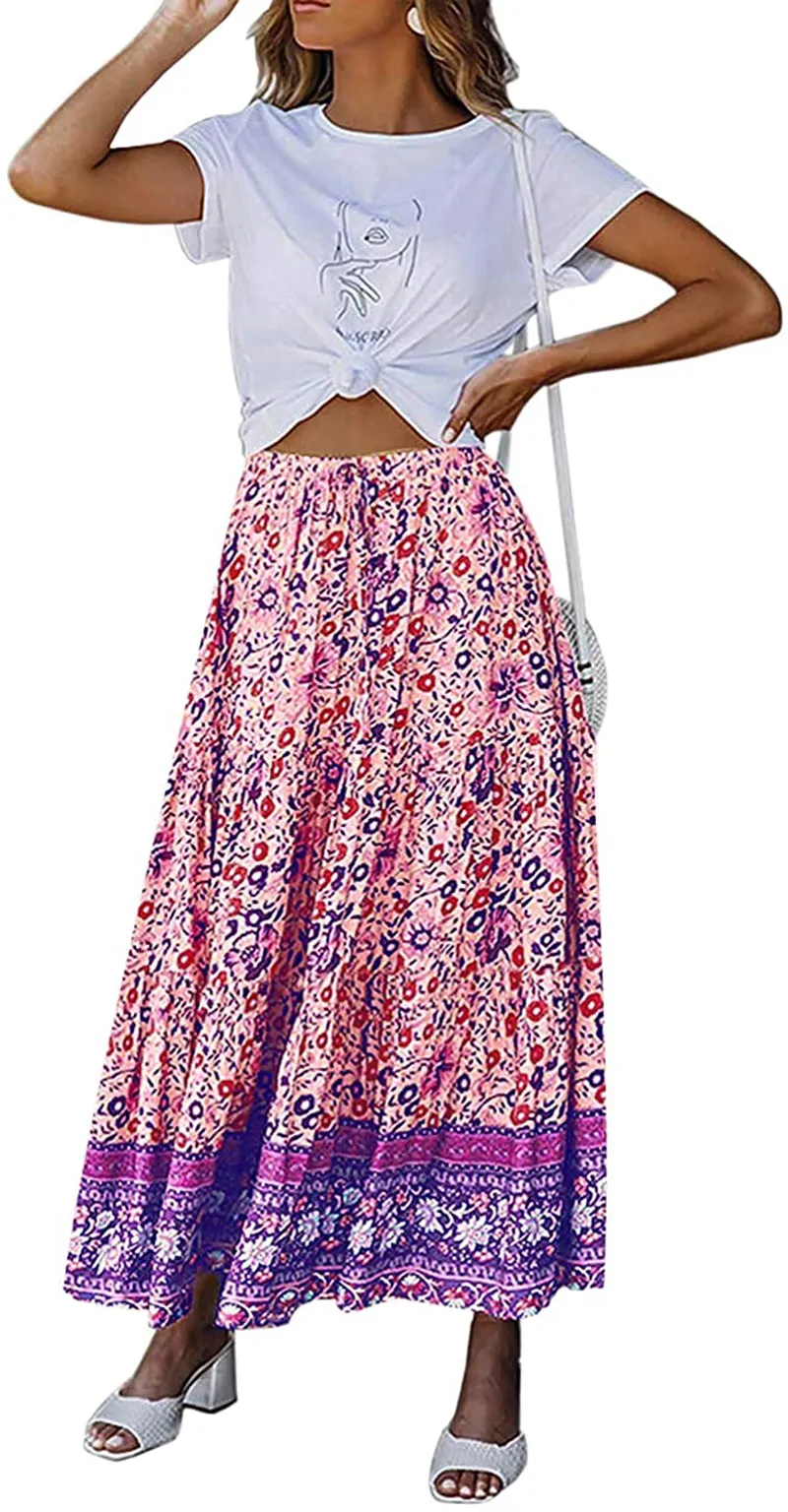 MEROKEETY Women's Boho Floral Print Elastic High Waist Pleated A Line Midi Skirt