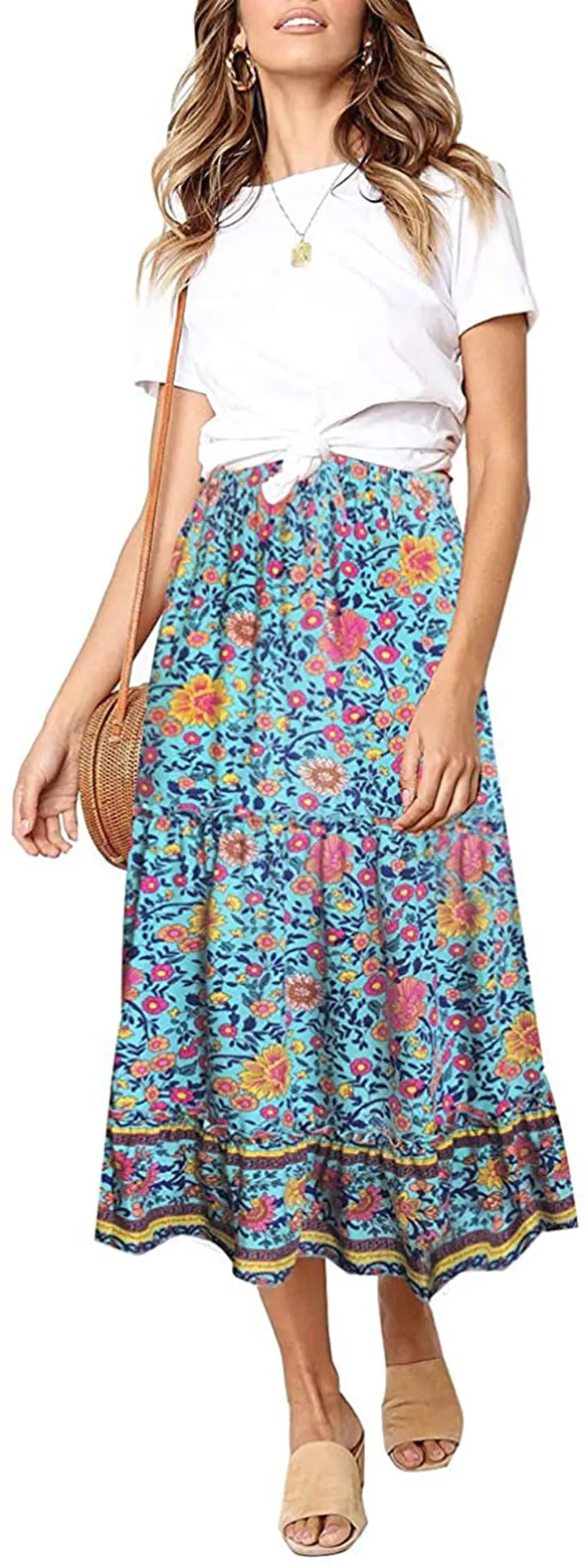 MEROKEETY Women's Boho Floral Print Elastic High Waist Pleated A Line Midi Skirt