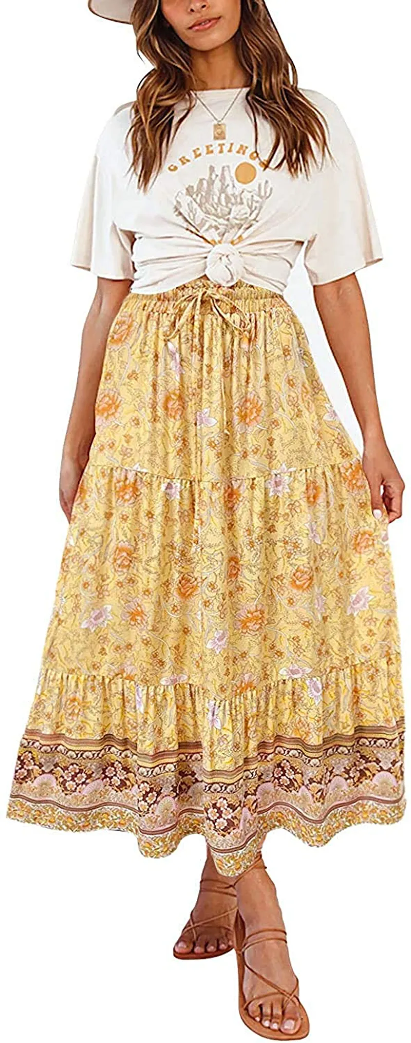 MEROKEETY Women's Boho Floral Print Elastic High Waist Pleated A Line Midi Skirt