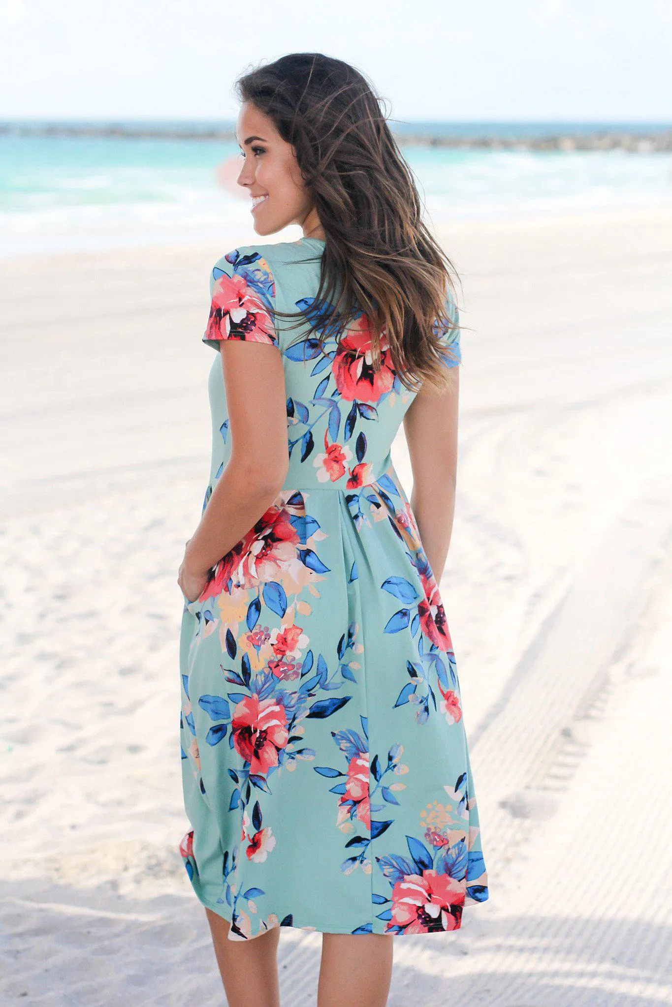 Mint Floral Midi Dress with Pleats