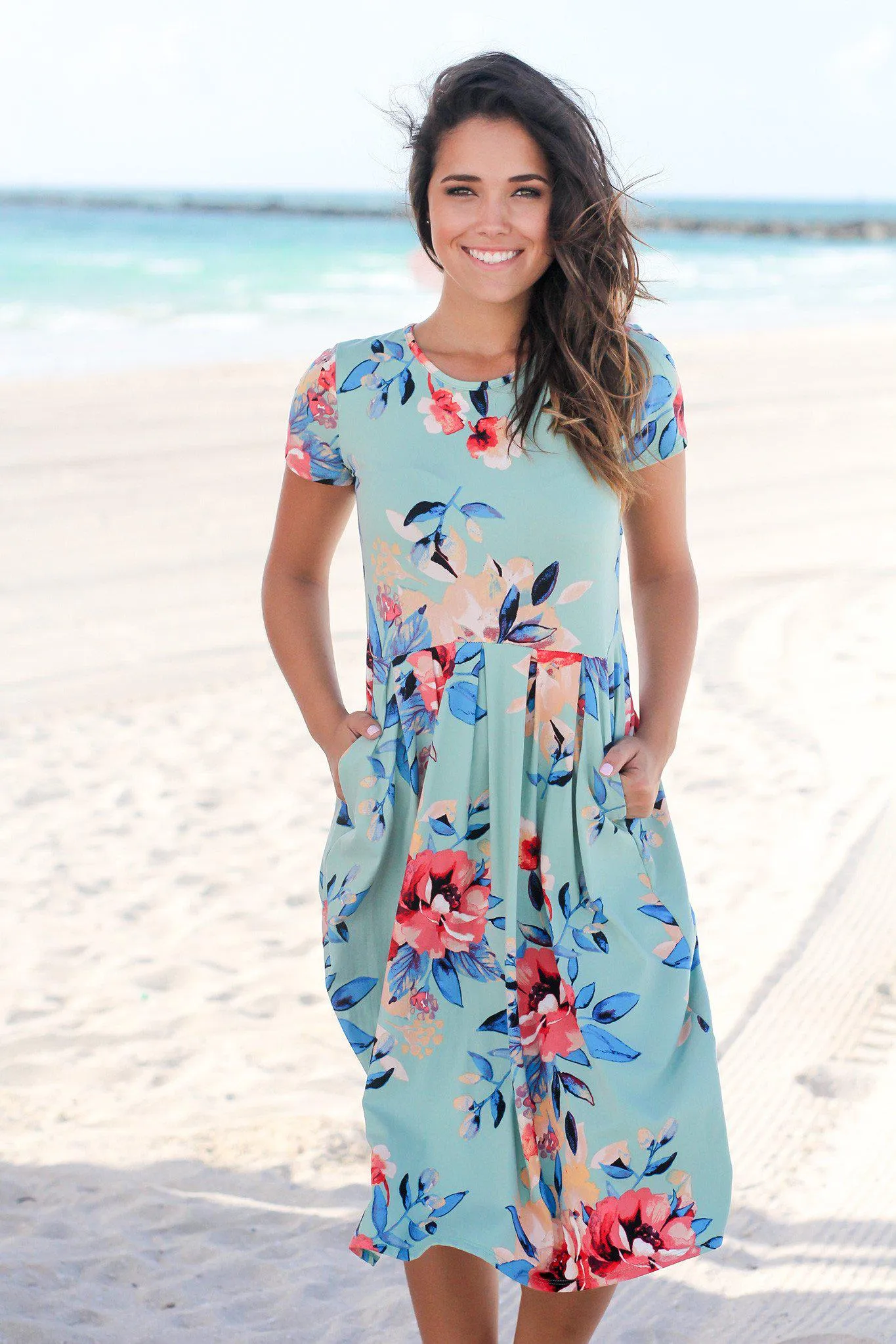 Mint Floral Midi Dress with Pleats