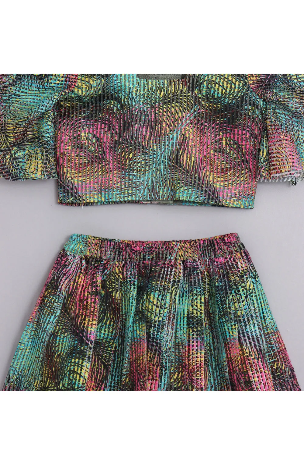 Multicolor Peacock Printed Top With Skirt Set